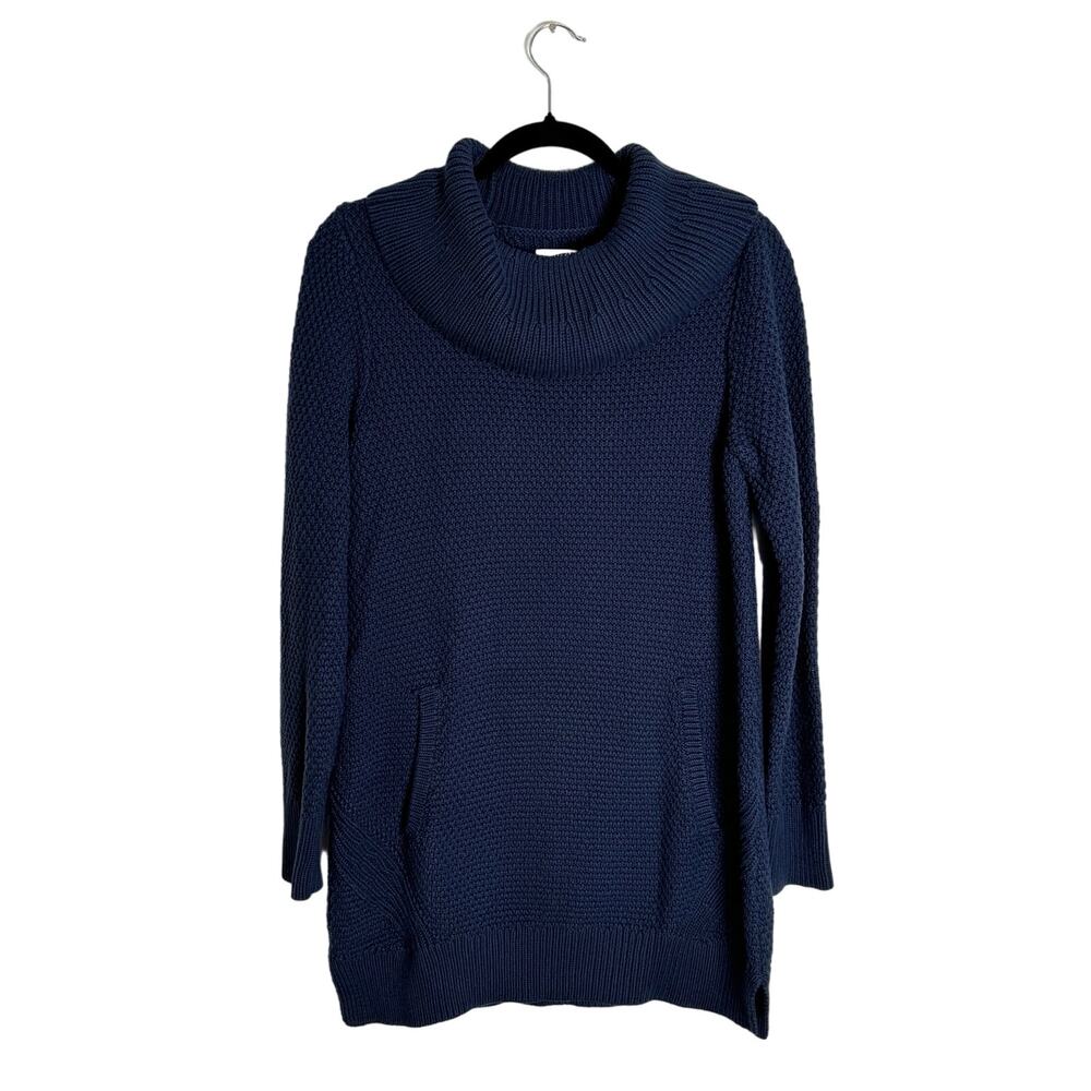 Duluth Trading Co Women Small Chunky Knit Sweater Pocket Turtleneck Navy Cotton